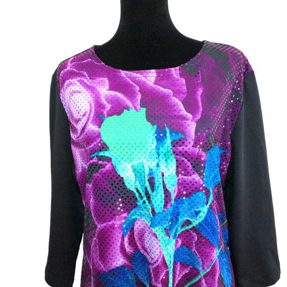 Purple/blue/black floral blouse, with little shiny sequins design - Picture 4 of 7
